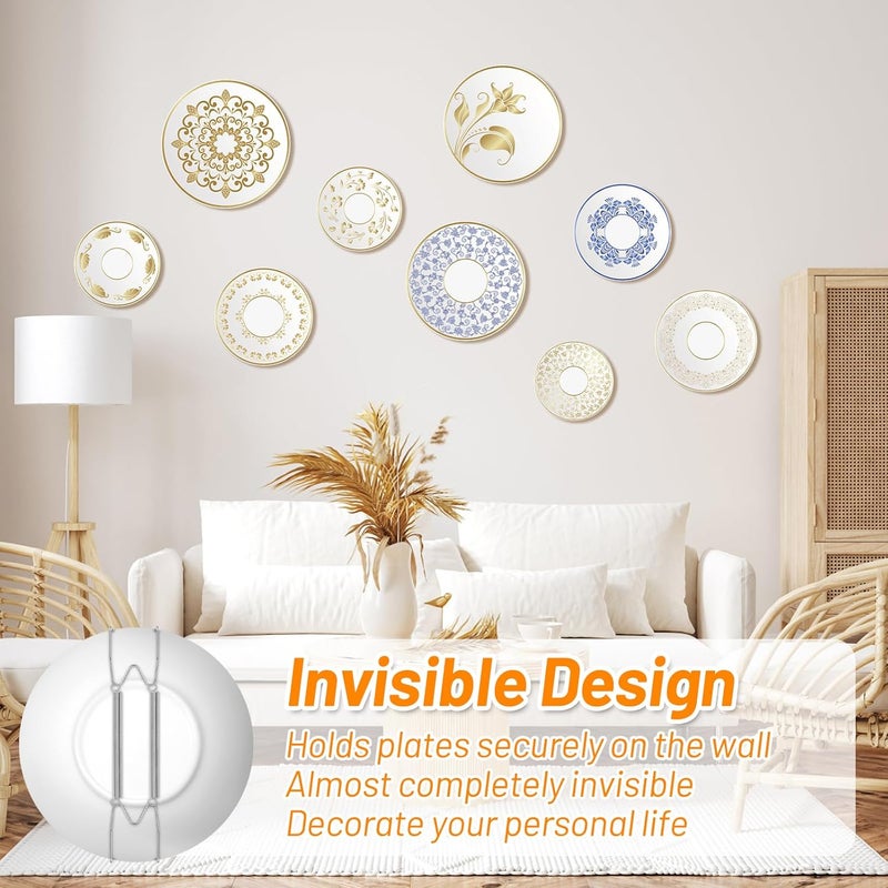 MAPVOLUT Store 14 Pcs Silver Invisible Plate Hangers for The Wall - 4/6/8/10 Inch Stainless Steel Decorative Plate Holers for Display, Artwork & Home Decor (with 14 Wall Hooks & 56 Tip Protectors & Guide) - Image 2